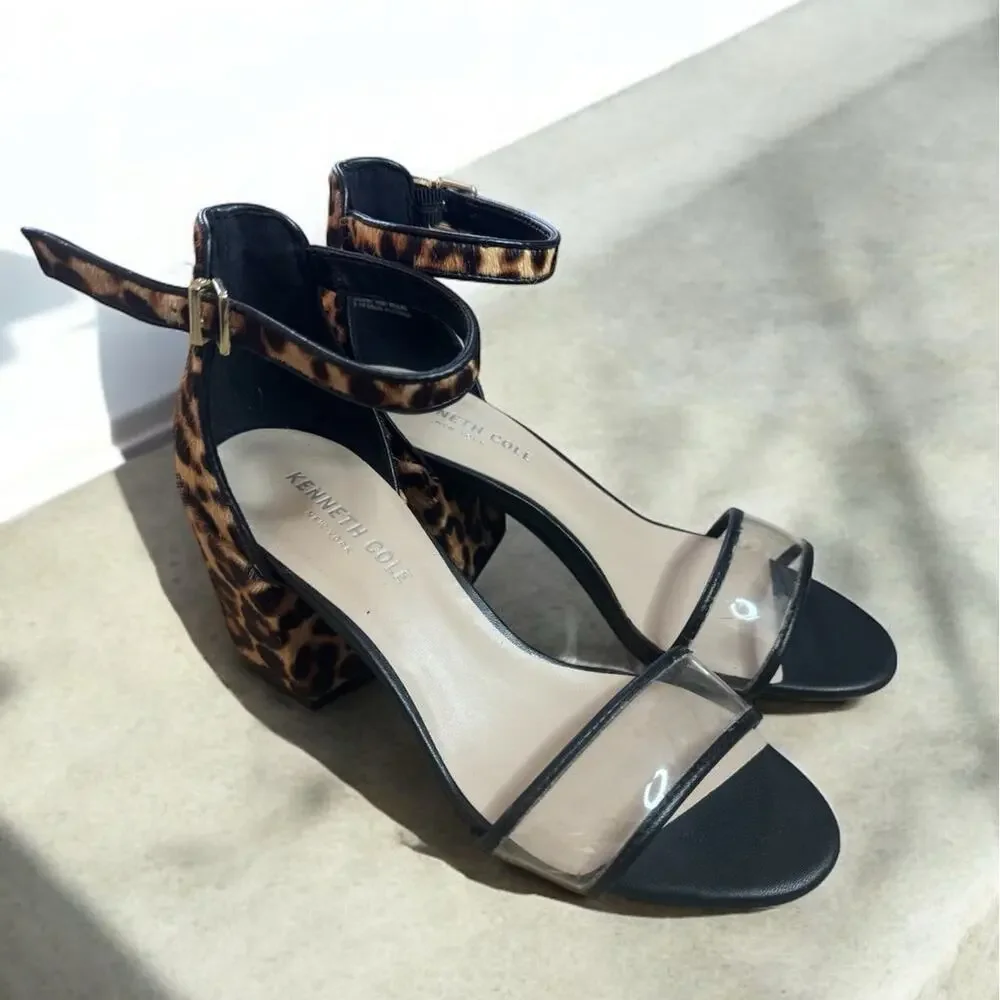 Kenneth Cole Women's 6M Hannon Block Heeled‎ Sandal Ankle Strap Open Toe Leopard